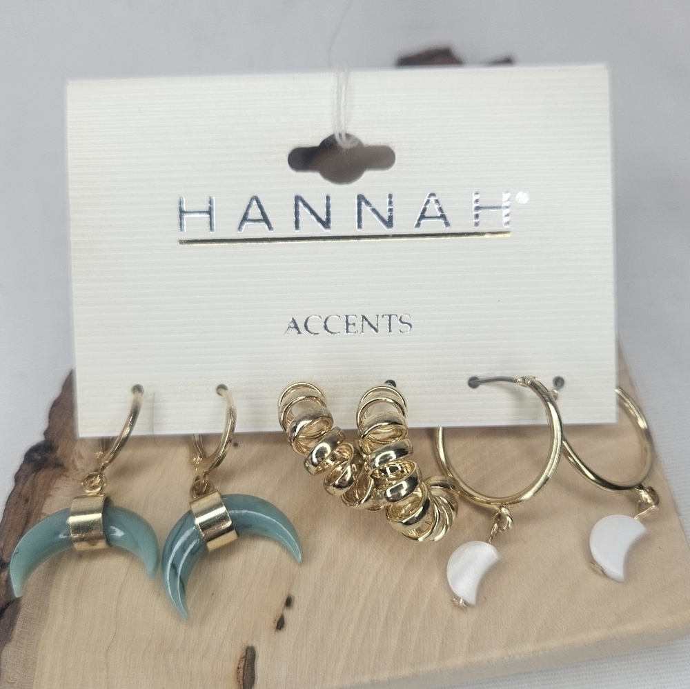 Hannah Accents Moons And Hoop Set Of 3 Gold Tone NWT 1.25"